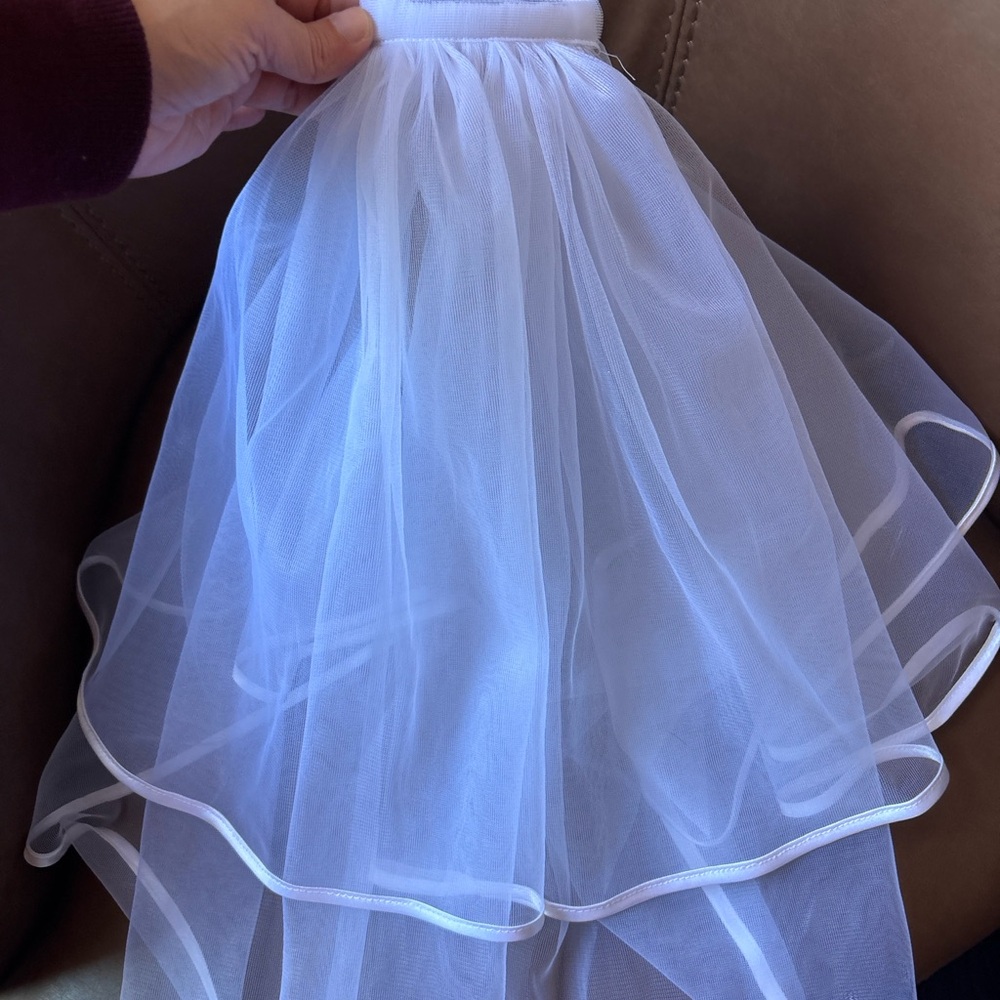 Shoulder Length Bridal Veil with Comb White Tulle Ribbon Edge